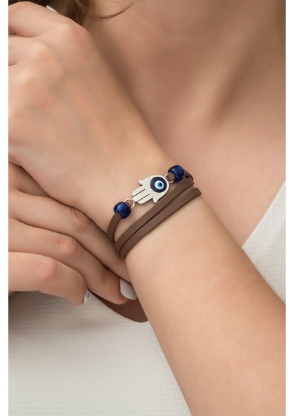 925 Ayar Otantik Gümüş Kaplama Deri Kordonlu Fatma Ana Eli Bileklik