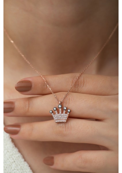 925 Ayar Gümüş Kraliçe Tacı Kolye Rose Altın Kaplama