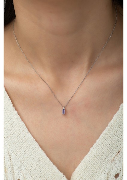 925 Ayar Dikdörtgen Mavi Tektaş Gümüş Kolye