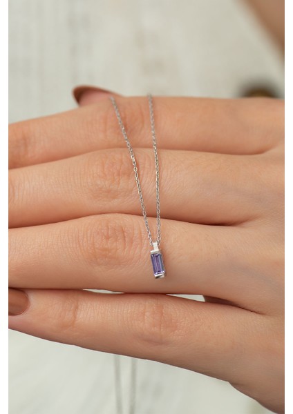 925 Ayar Dikdörtgen Mavi Tektaş Gümüş Kolye fiyatları