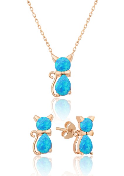 925 Ayar Opal Taşlı Kedi Gümüş Kadın Küpe Kolye Set Rose Altın