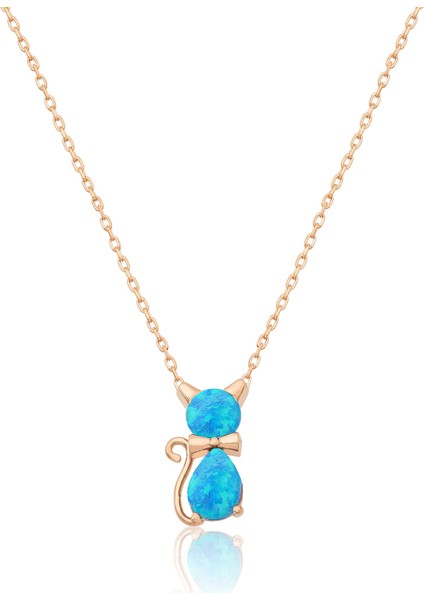 925 Ayar Opal Taşlı Kedi Gümüş Kadın Küpe Kolye Set Rose Altın