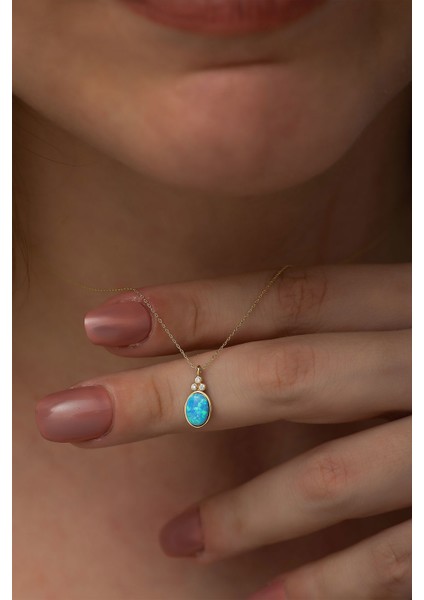 925 Ayar Oval Opal Taşlı Gümüş Kolye Rose Altın Kaplama