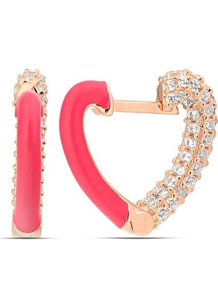 925 Ayar Pembe Kalp Mode Taşlı Gümüş Kadın Küpe