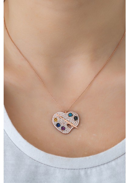 925 Ayar Rose Altın Kaplama Zirkon Taşlı Gümüş Palet Kolye