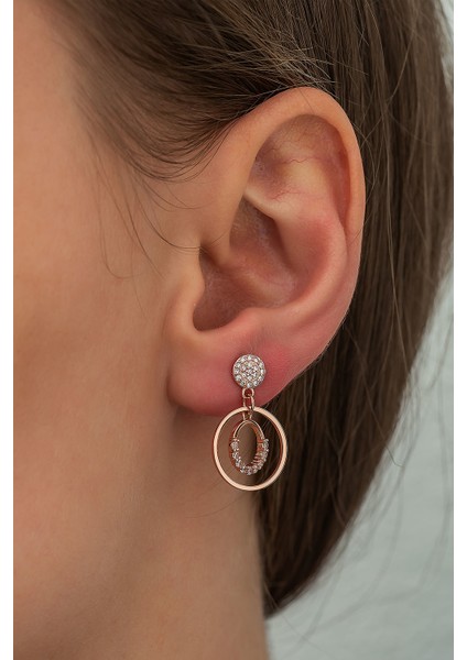 925 Ayar Rose Kaplama Çift Halka Taşlı Sallantılı Gümüş Küpe