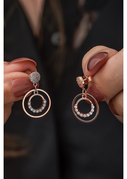 925 Ayar Rose Kaplama Çift Halka Taşlı Sallantılı Gümüş Küpe fiyatları