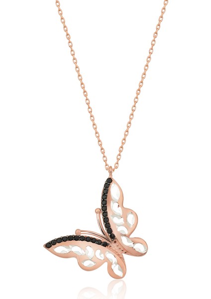 925 Ayar Rose Kaplama Siyah Taşlı Gümüş Kelebek Kolye