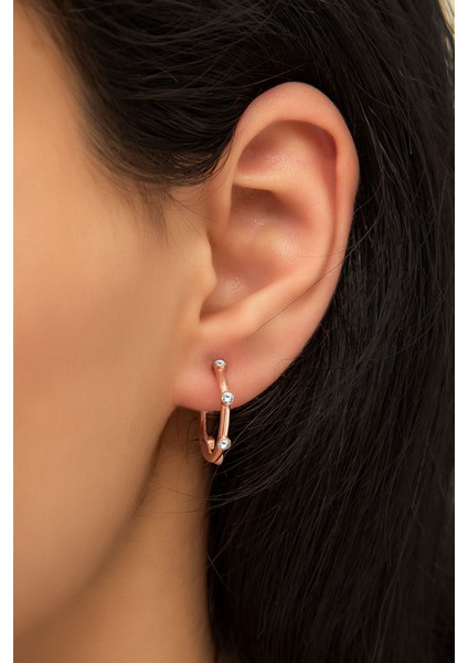 925 Ayar Rose Altın Kaplama Tekli Taşlı Halka Gümüş Küpe