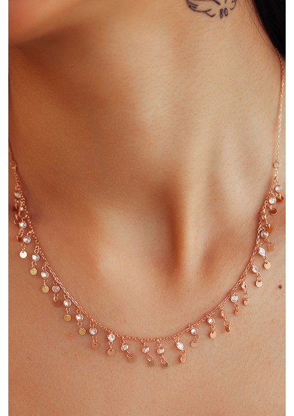 925 Ayar Rose Altın Kaplama Taşlı Gümüş Pul Kolye