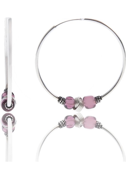 İki Pembe Boncuklu Halka Küpe 925 Ayar Gümüş