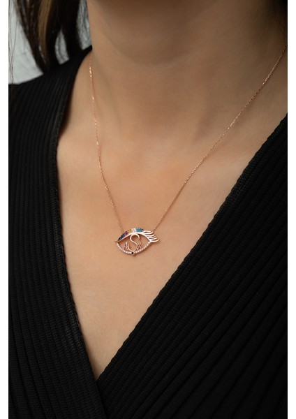 Aşk Yazılı Göz Kolye Renkli Nano Zirkon Rose Gold Kaplama 925 Ayar Gümüş