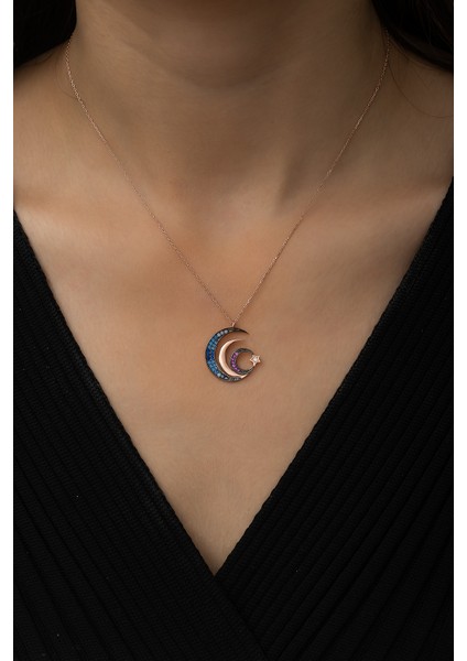 Üç Hilal Ve Yıldız Ritimli Bayrak Kolye Renkli Taş Rose Gold Kaplama 925 Ayar Gümüş