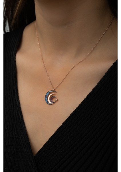 Üç Hilal Ve Yıldız Ritimli Bayrak Kolye Renkli Taş Rose Gold Kaplama 925 Ayar Gümüş