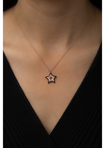Siyah Taşlı Yıldız Kontürlü Kolye Rose Gold Kaplama 925 Ayar Gümüş