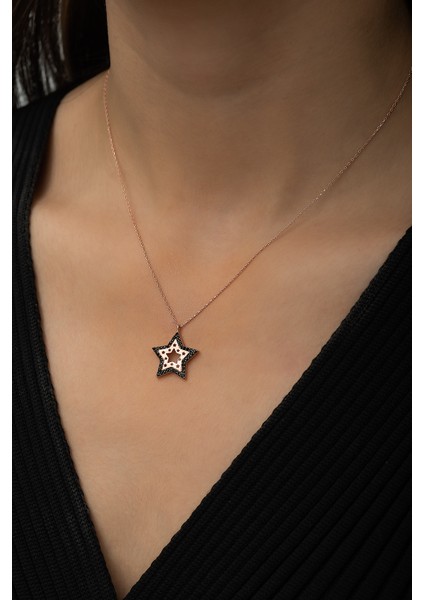 Siyah Taşlı Yıldız Kontürlü Kolye Rose Gold Kaplama 925 Ayar Gümüş