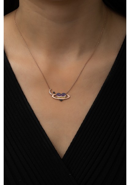 Satürn Kuşaklı Kalp Ay Yıldız Bayrak Kolye Rose Gold Kaplama 925 Ayar Gümüş