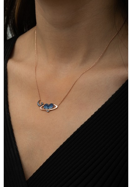 Satürn Kuşaklı Kalp Ay Yıldız Bayrak Kolye Rose Gold Kaplama 925 Ayar Gümüş
