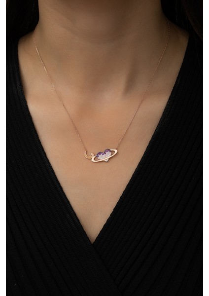Satürn Kuşaklı Kalp Ay Yıldız Bayrak Kolye Rose Gold Kaplama 925 Ayar Gümüş