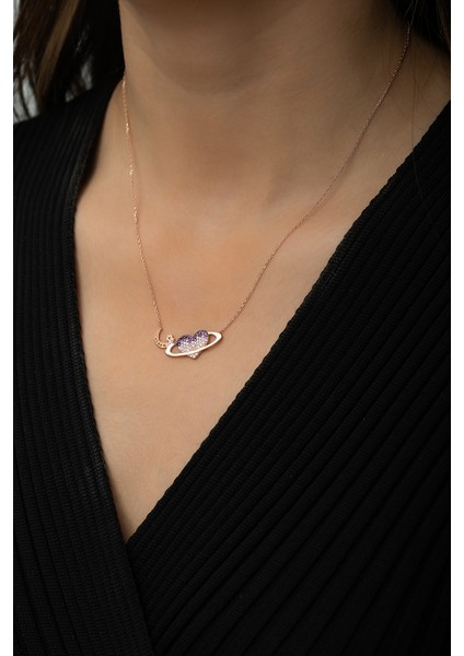 Satürn Kuşaklı Kalp Ay Yıldız Bayrak Kolye Rose Gold Kaplama 925 Ayar Gümüş