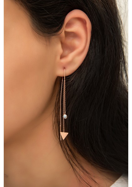 Sallantılı Tekli Üçgen Küpe Nano Zirkon Taşlı Rose Gold Kaplama 925 Ayar Gümüş Küpe