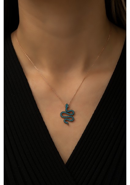 Yılan Kolye Firuze Taşlı Rose Gold Kaplama 925 Ayar Gümüş Kolye