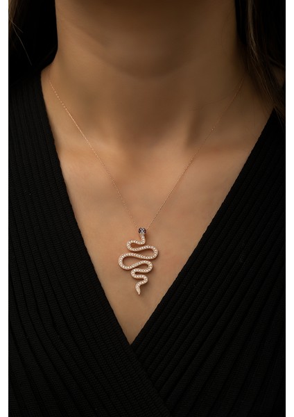Yılan Kolye Nano Zirkon Taşlı Rose Gold Kaplama 925 Ayar Gümüş Kolye