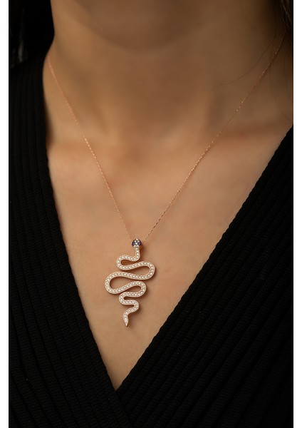 Yılan Kolye Nano Zirkon Taşlı Rose Gold Kaplama 925 Ayar Gümüş Kolye fiyatları