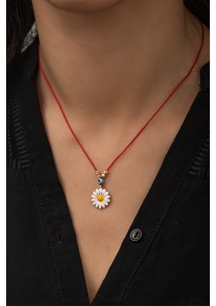 Kırmızı İpli Mineli Paptya Kolye Nazarlı Ve Dorica Toplu Rose Gold Kaplama 925 Ayar Gümüş Küçük Boy Kolye