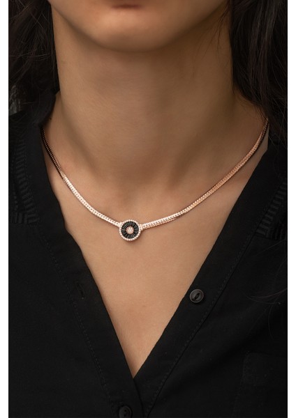 Yassı Zincir Nano Zirkon Taşlı Rose Gold Kaplama 925 Ayar Gümüş Kolye