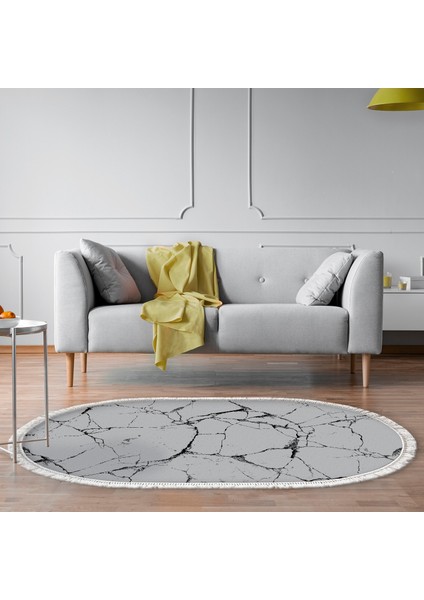 Alanur Trend Keçe Tabanlı Saçaklı Dijital Halı Oval Gri̇