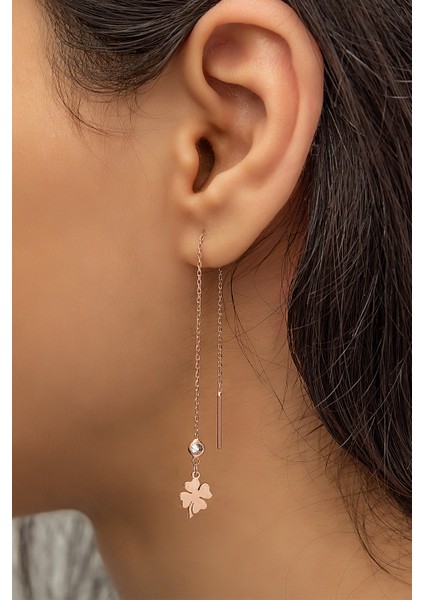 Sallantılı Tekli Yonca Küpe Nano Zirkon Taşlı Rose Gold Kaplama 925 Ayar Gümüş Küpe