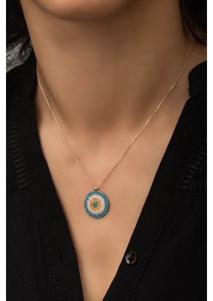 Firuze Taşlı Nazar Kolye Rose Gold Kaplama 925 Ayar Gümüş fiyatları