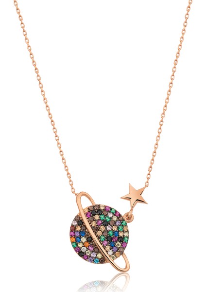 Renkli Taşlı Gezegen Kolye Rose Altın Kaplama 925 Ayar Gümüş Kadın Kolye
