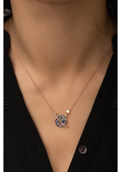 Renkli Taşlı Gezegen Kolye Rose Altın Kaplama 925 Ayar Gümüş Kadın Kolye fiyatları