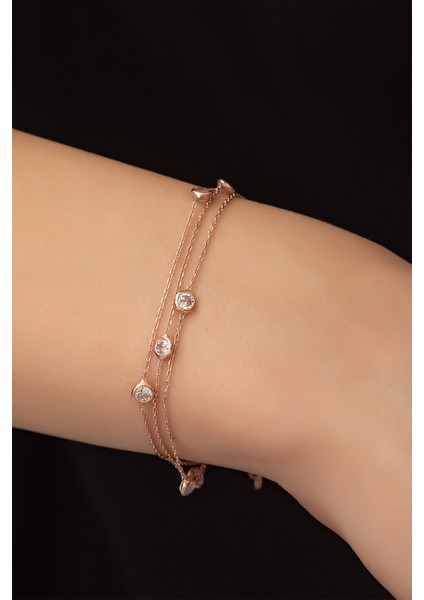Üç Sıra Nano Zirkon Taşlı Bileklik Rose Altın Kaplama 925 Ayar Gümüş