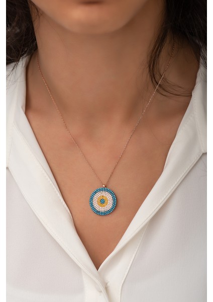 Nazar Kolye 925 Ayar Gümüş Açık Mavi Sarı Ve Beyaz Nano Zirkon Taşlı Rose Altın Kaplama Kadın Kolyesi