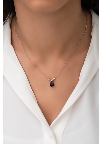 Siyah Zirkon Damla Kolye Kenarları Çift Dorica Toplu Rose Altın Kaplama 925 Ayar Gümüş fiyatları