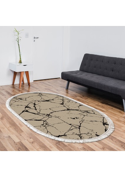 Alanur Yıldız Deri Tabanlı Saçaklı Yıkanabilir Dijital Halı Oval Kahve