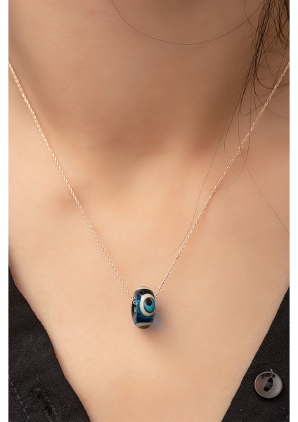 Nazar Göz Lacivert Mavi Hareli Kolye 925 Ayar Rose Altın Kaplama Gümüş Zincirli