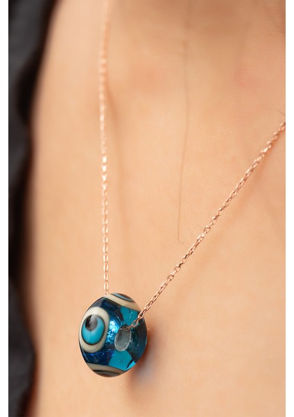 Nazar Göz Lacivert Mavi Hareli Kolye 925 Ayar Rose Altın Kaplama Gümüş Zincirli fiyatları