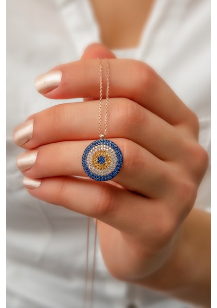 Nazar Kolye 925 Ayar Gümüş Mavi Sarı Ve Beyaz Nano Zirkon Taşlı Kadın Kolyesi