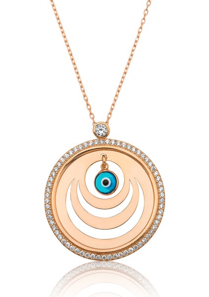 Nazar Göz Sallantılı Halka Form Aile Kolyesi Rose Altın Kaplama Gümüş Kolye