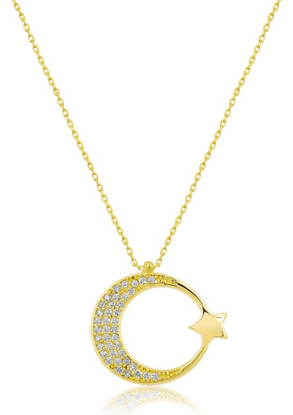 Ayyıldız Figürlü Altın Kaplama Nano Zirkon Kolye