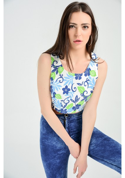 Kolsuz Havuz Yaka Sırtı Fermuarlı Bluz | BLZ14537 Turkuaz Çiçekli fiyatları