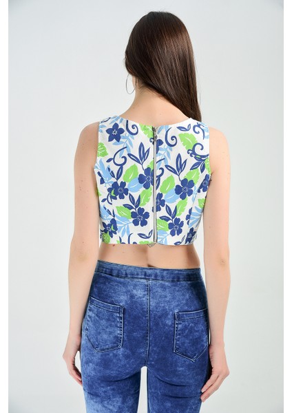 Kolsuz Havuz Yaka Sırtı Fermuarlı Bluz | BLZ14537 Turkuaz Çiçekli modelleri