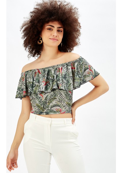 Çiçek ve Papağan Desenli Kısa Volanlı Bluz Kuş Desenli
