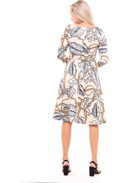 Yaprak Desenli Elbise | ELB32243 Bej indirimleri