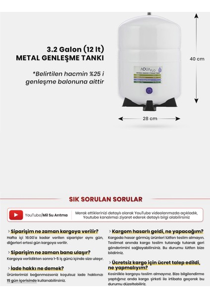 Su Arıtma Cihazı Için 3.2 Galon 12 lt Metal Genleşme Tankı