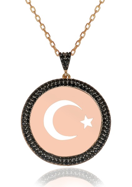 Siyah Taşlı Plaka Ay Yıldız Gümüş Kolye